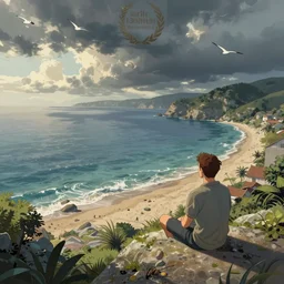 A bird's-eye view seaside by jean giraud detailed illustration