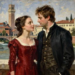 juliet ( young natalie portman ) and romeo ( jesse eisenberg ) in the 1 6 th century verone, oil canvas by greg rutkowski, jan matejko, ivan shishkin and rembrandt