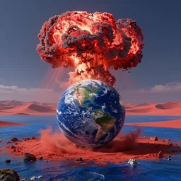 the earth after the nuke explosion, concept art, octane render, unreal engine 5, trending on artstation, high quality, highly detailed, 8 k hdr, trending on deviantart, red sea, blue sand, high coherence, path traced, serene landscape, breathtaking landscape, cinematic lighting, hyperrealistic, godrays