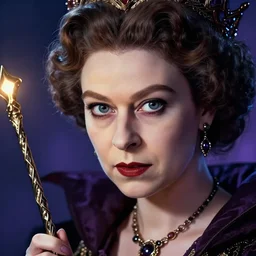 Elisabeth II as an evil witch with magic wand, highly detailed face, realistic face, beautiful detailed eyes, fantasy art, in the style of artgerm, illustration, epic, fantasy, intricate, hyper detailed, artstation, concept art, smooth, sharp focus, ray tracing, vibrant, photorealistic