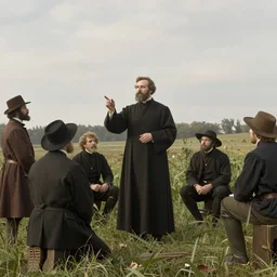 a puritan priest preaching to some people in a field, 1 8 9 0 s, by francis davis millet