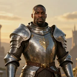 Alfric Overguard, chronomancer. An athletic dark-skinned man in knight's armor, with a wide nose, calm expression, alert eyes, large lips, and a strong jaw. Full-plate armor. Magical Armor.  Art by William-Adolphe Bouguereau. During golden hour. Extremely detailed. Beautiful. 4K. Award winning.
