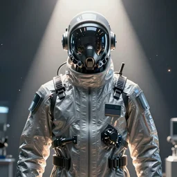 cinematic shot, scientist in biohazard suit, fashion, render, volumetric light, artstation, fine details, digital art, symmetrical, dramatic light, particle in air