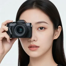photo of young woman, close up, with a cyberpunk camera over right eye with led lights, robotic implants over face, small led lights, white background, from the movie 2001 A Space Odyssey