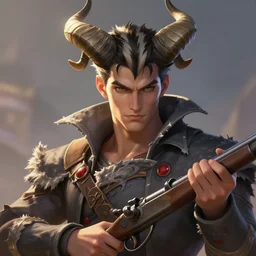 league of legends concept art handsome tall man with large imp horns on a head, black and white striped short hair, tattered slate gray collared coat with red buttons, holding old musket, art by charles liu, closeup shot, fantasy style, soft lighting, vibrant color scheme, ultra detailed, volumetric lighting, octane render, commission art, 8 k wallpaper