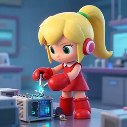 pixar - style rendering of : roll is repairing computers in dr. light's laboratory. roll is a cute female ball - jointed robot ( in the style of mega man ) who has blonde hair with bangs and a ponytail tied with a green ribbon. she is wearing a red one - piece dress with a white collar, and red boots.