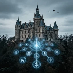 european castle in the dark forest, taboo, shimmering seal array, gothic style, little crows circling in the sky in the distance