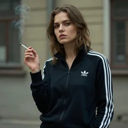 russian slav heroine wearing an addidas tracksuit with a cigarette in hand. by greg rutkowski and wlop, detailed, cinematic, 8 k, intricate, rule of thirds.