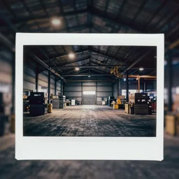 liminal polaroid of a warehouse at night, art by tim hildebrandt, deep depth of field. highly detailed, hyper realism, hd, 4 k