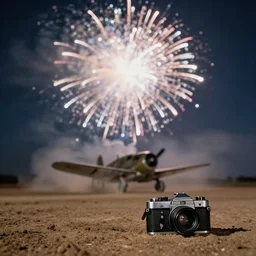 a bright flash covering the whole sky, dirt ground, dust, taken on a ww 2 camera, realistic.