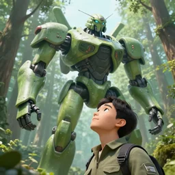 close up pilot, looking up at giant humanoid plant mech, coming through treetops, forest, key art, sharp lines, towering above a small person, aesthetic, anime, trigger, shigeto koyama, hiroyuki imaishi