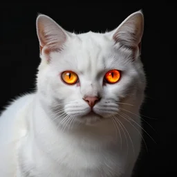 a white cat, glowing inferno eyes,black background, hyper realistic