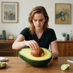 emma watson in her studio apartment build inside of an avocado. awesome. award winning photo. super great. no sucking. great anatomy without fish eyes. midcentury modern.