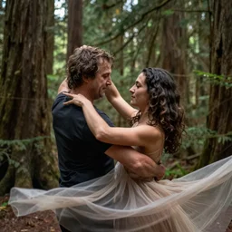 cinematography closeup portrait of couple dancing in the redwood forest, thin flowing fabric, natural light by Emmanuel Lubezki