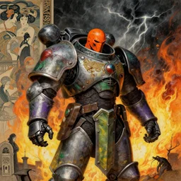 composition of gothic and futuristic, warhammer, cyber fight armor, more and more scars, thunderstorm, firestorm, orange head, some green and purple, yellow, the middle ages, highly detailed, artstation, in the style of moebius, jugendstil and classic japanese print, art by agostino arrivabene, vanessa beecroft, anka zhuravleva