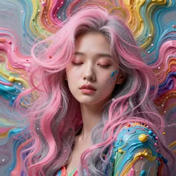 a portrait of a very beautiful young asian goddess with pink and grey hair radiating an artwork made of swirling paint and impasto, sleepy eyes by wlop and monia merlo and fintan magee, background is multicoloured volumetric displacement, hyperrealism, subsurface scattering, arnold render, noise to volume, 8 k, houdini, xparticles