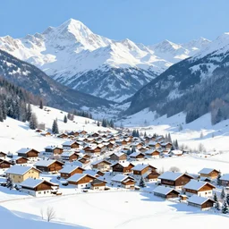 alpine village surrounded by mountains in the winter, digital art, artgerm, sylvain sarrailh, cozy, vivid colors, highly detailed, very beautiful, holzfachwerk