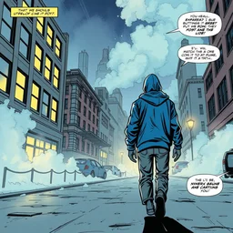 watchman universe, dave in blue hoodie walking towards me on street, buildings turning to smoke, comic page