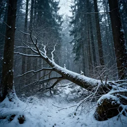 fallen tree in a forest, winter, sci-fi, cinematic lighting, greg rutkowski