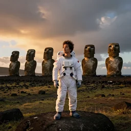 amazing landscape photo of astronaut standing still in front of easter island statues at dusk by Marc Adamus beautiful dramatic lighting