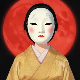 portrait of a woman with a mask on his face in the form of a spiral in a golden kimono, full face, against the background of a bright red moon, sad motif, by hisashi eguchi, kentaro miura, and yoshitaka amano, soft colors, futuristic, 8 k