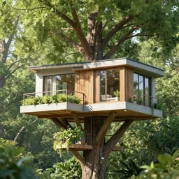 a modern tree house, hanging gardens, in the forest, beautiful scenery