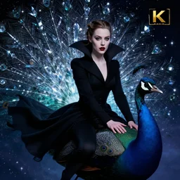 hyperrealistic portrait of amber heard as a vampire witch in a black coat riding a dark swan peacock through crystallised starry night sky. by jeremy mann and alphonse mucha, fantasy art, photo realistic, dynamic lighting, artstation, poster, volumetric lighting, very detailed faces, 4 k, award winning