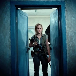 film still, extreme far view, emma watson vietnam door gunner, film still from apocalypse now ( 1 9 7 9 ), 2 6 mm, kodak ektachrome, blue tint expired film,