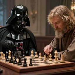 Darth Vader and Obi-Wan playing a game of chess. Realistic setting, cinematic, 4k,hdr
