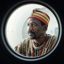 analogue photo of an African tribal chief looking out the porthole window of a spaceship, close-up, colour, photo shot by martha cooper, 35mm,