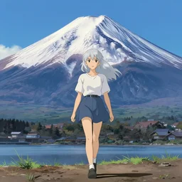 beautiful silver hair young woman walking up Mount Fuji in the style of studio ghibli and manga