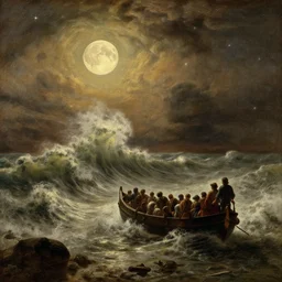 haraga sea big storm, moon light, huge waves, starry night, by rembrandt and gutav dore, painting, volumetric light, warm color palette, uplight, pneumatic boat, illegal immigration, boat people