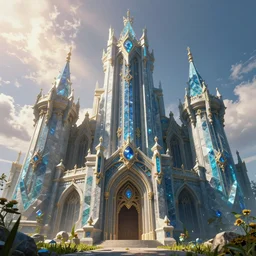 an highly ornamented fantasy castle, carved from sapphire stone, cinematic view, epic sky, detailed, concept art, low angle, high detail, warm lighting, volumetric, godrays, vivid, beautiful, trending on artstation, by jordan grimmer, huge scene, grass, art greg rutkowski
