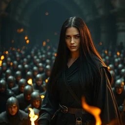 epic photo of battlefield with hundreds of soldiers in the foreground is salma hayek as beautiful wizard wearing a black satin robe and metal belt in lord of the rings with long straight black hair fighting, sweaty, detailed eyes, neutral expression, shallow depth of field, photorealistic, cinematic lighting, lovely bokeh, dungeon setting, dark moody light, strong rim light, movie quality, fire light, flames, lord of the rings 1 9 8 5, movie still