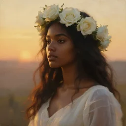oil painting close up portrait of a contemplative young black woman with long flowing hair in a white dress, wearing a crown of white roses!! at sunset, hazy, digital art, chiaroscuro, artstation, cinematic, golden hour, digital art painting by greg rutkowski, william - adolphe bouguereau, hazy atmosphere, cinematic lighting, flowers