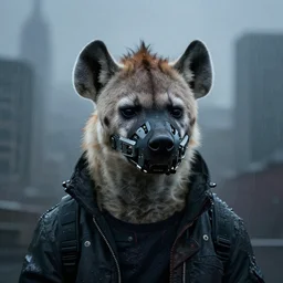 new york city portrait icon of furry anthro anthropomorphic spotted hyena head animal person fursona wearing clothes strange cybernetic muzzle gloomy rainy moody foggy screenshot from the video game cyberpunk 2077 digital art by Greg Rutkowski, Simon Stalenhag, christopher nolan trending on Artstation, CGSociety