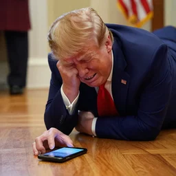 Donald Trump crying because he dropped his mobile phone on the floor. YOU CAN SEE HIS PHONE ON THE FLOOR.