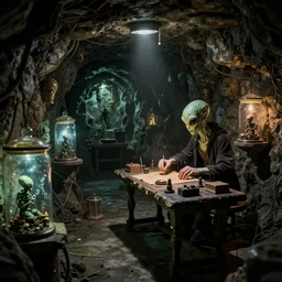 real photo of lovecraftian secret cellar with aliens in jars and operating table