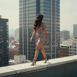 photo, a woman with long hair dressed in a short dress walks along the edge of the roof of a skyscraper by gabo mendoza, trending on artstation