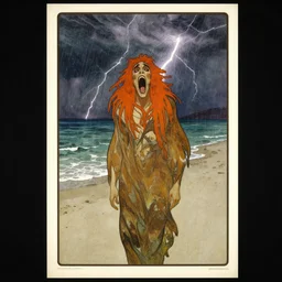 the munch scream on a beach during a thunderstorm, poster art by mucha
