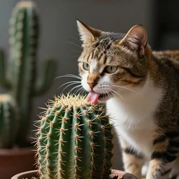 A photograph of a cat licking a cactus, close view, studio lighting, DSLR, bokeh