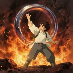 Frodo throwing the ring of power into the fires of Mount Doom, dynamic lighting, cinematic, establishing shot, extremly high detail, foto realistic, cinematic lighting, post processed, concept art, artstation, matte painting, style by ghibli, myazaki