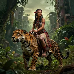 a portrait of a very beautiful cute tribal woman riding a mutated jaguar, post apocalyptic city overgrown with lush vegetation, by Luis Royo, by Greg Rutkowski, dark, gritty, intricate, backlit, strong rimlight, cover illustration, concept art, volumetric lighting, volumetric atmosphere, sharp focus, octane render, trending on artstation, 8k