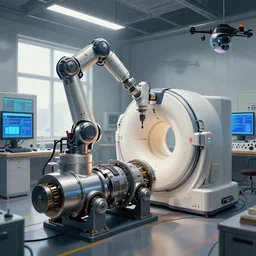 a dieselpunk painting, motors, a complex thick bifurcated robotic cnc surgical arm cybernetic symbiosis hybrid mri 3 d printer machine making in a biochem lab control panels, 4 k, large monitor screens, knobs, natural light in room, drone camera lens orbs, octane render, architectural, f 1 8,,