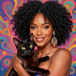 an adult black woman, light skin, colorful ornate earrings, curly 3 c black hair, smile on her face, brown eyes, holding her small black bombay cat, trending on a psychedelic illustration showing the ego. by alex grey, highly detailed, highly colorful, psychedelic