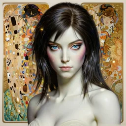 Masterpiece head and shoulder portrait of battle angel Alita drawn by Donato Giancola and Tom Bagshaw, face by Artgerm and Edmund Leighton, Alphonse Mucha, background by James Jean and Gustav Klimt, 4k, porcelain skin, komorebi, french nouveau, trending on pixiv, octane render, hyperrealistic