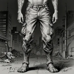full body with pants detailed portrait werewolf by yusuke murata and masakazu katsura, artstation, highly - detailed, worn pants, short pants, highly detailed pants, pants, pants with pockets, cgsociety, pencil and ink, city in the background, dark colors, unreal engine, intricate details