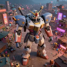 3 d vfx - caricature - art of mecha in a bustling - neon lit - ajegunle slum in nigeria, unreal engine render, digital illustration, illustration style by mike winkelmann, sharp, intricate detail, volumetric light, ray tracing, soft light, colourful, claymation, drone view, fish eye lens, cinestill 8 0 0 t photograph, acrylic,