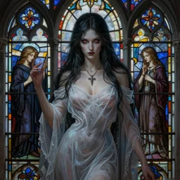 breathtaking detailed soft painting of a sensual grim reaper in gauze dress, with long hair and piercing eyes, in an intricate medieval stained glass, rembrandt style, elegant, highly detailed, artstation, concept art, matte, sharp focus, art by tom bagshaw, kelogsloops and greg rutkowski