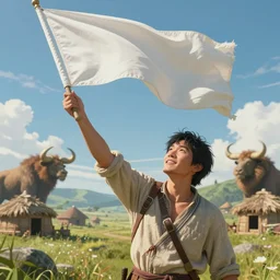 an intricate concept art, fantasy, man raising a white flag, asian field, huts, megafauna, low - angle, close up shot, ultra photorealistic, ultra sharp, artstation, cgsociety, masterpiece, anime colors, by ivan talavera, by wlop, octane render, 8 k